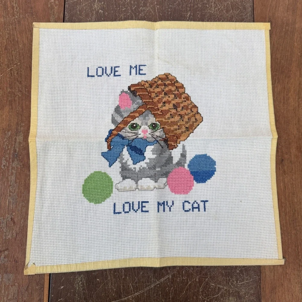 Vintage Counted Cross Stitch‎ Needlepoint Love Me Love My Cat Kitten Wall Decor
